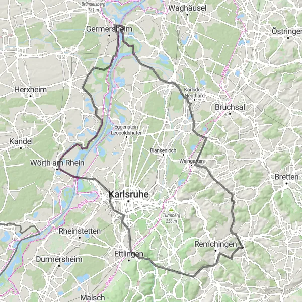 Map miniature of "The Rhine Valley Epic" cycling inspiration in Rheinhessen-Pfalz, Germany. Generated by Tarmacs.app cycling route planner