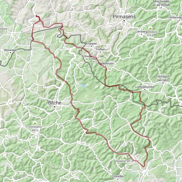 Map miniature of "Gravel Adventure through Hornbach" cycling inspiration in Rheinhessen-Pfalz, Germany. Generated by Tarmacs.app cycling route planner