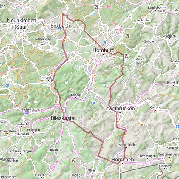 Karten-Miniaturansicht der Radinspiration "60 km Gravelabenteuer durch Zweibrücken und Homburg" in Rheinhessen-Pfalz, Germany. Erstellt vom Tarmacs.app-Routenplaner für Radtouren