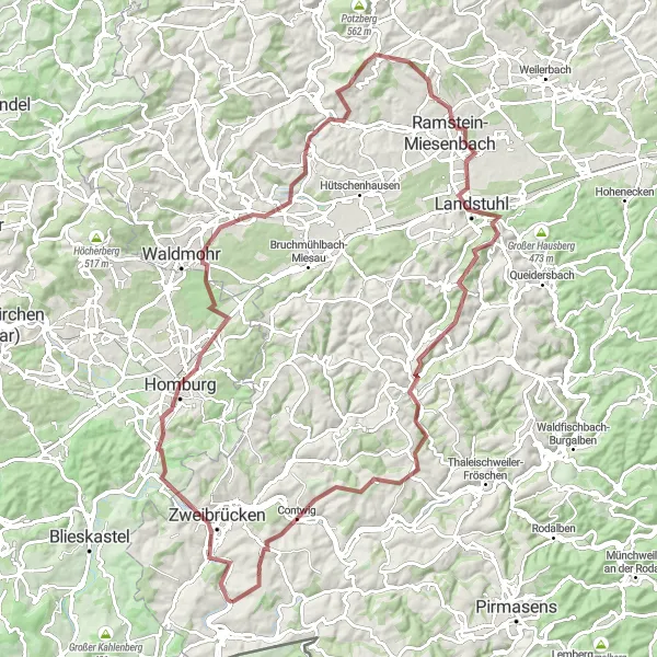 Karten-Miniaturansicht der Radinspiration "Webersberg und Landstuhl Rundfahrt" in Rheinhessen-Pfalz, Germany. Erstellt vom Tarmacs.app-Routenplaner für Radtouren