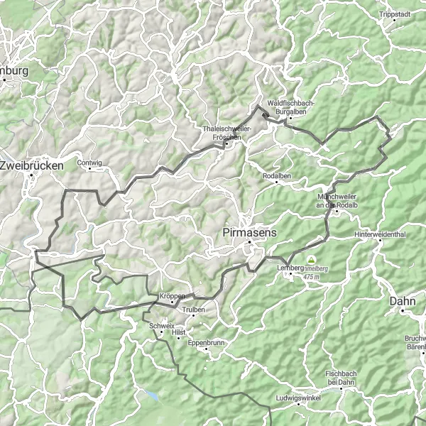 Karten-Miniaturansicht der Radinspiration "Traumhafte 94 km Runde durch Waldfischbach-Burgalben und Lemberg" in Rheinhessen-Pfalz, Germany. Erstellt vom Tarmacs.app-Routenplaner für Radtouren