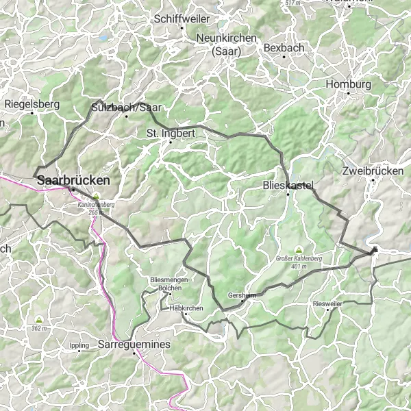 Map miniature of "Riverside Road Adventure" cycling inspiration in Rheinhessen-Pfalz, Germany. Generated by Tarmacs.app cycling route planner