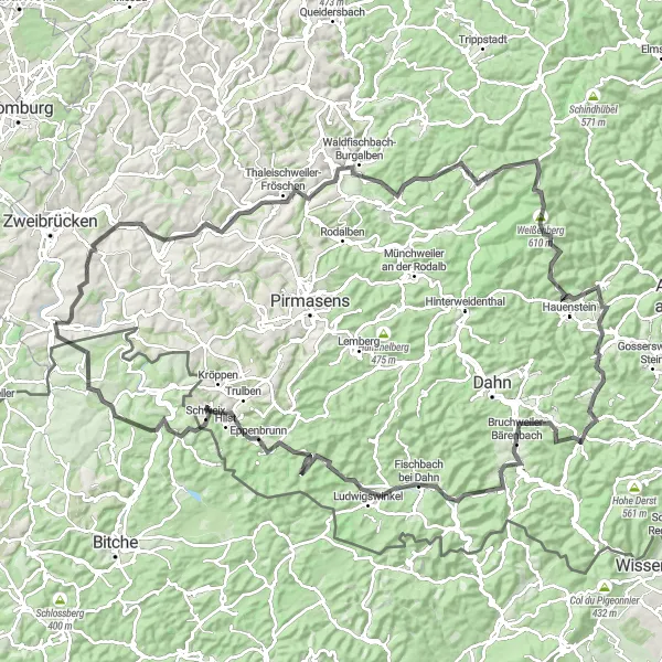 Karten-Miniaturansicht der Radinspiration "Epic 136 km Route durch Wingertsberg und Erlenbach bei Dahn" in Rheinhessen-Pfalz, Germany. Erstellt vom Tarmacs.app-Routenplaner für Radtouren