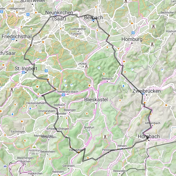 Karten-Miniaturansicht der Radinspiration "Seyweiler und Zweibrücken Rundkurs" in Rheinhessen-Pfalz, Germany. Erstellt vom Tarmacs.app-Routenplaner für Radtouren