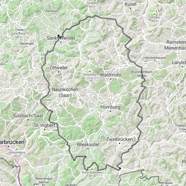 Map miniature of "The Road Cyclist's Paradise" cycling inspiration in Rheinhessen-Pfalz, Germany. Generated by Tarmacs.app cycling route planner