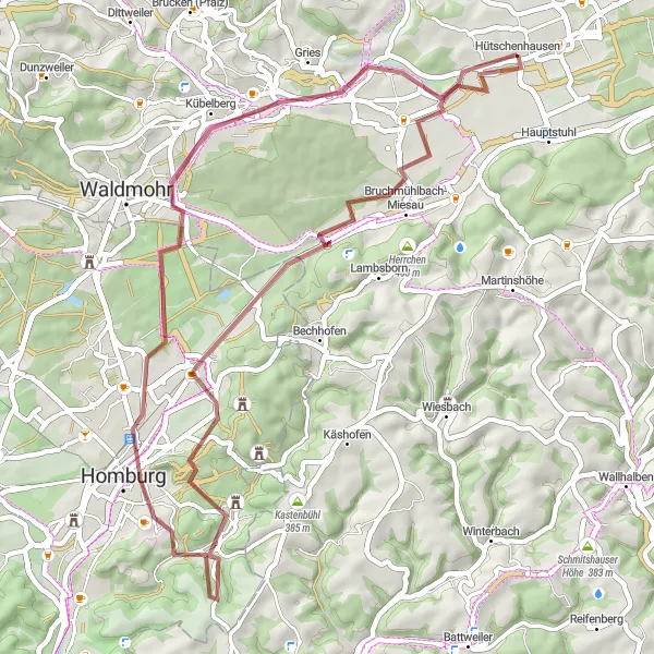 Map miniature of "Homburg and Bruchmühlbach-Miesau Gravel Loop" cycling inspiration in Rheinhessen-Pfalz, Germany. Generated by Tarmacs.app cycling route planner