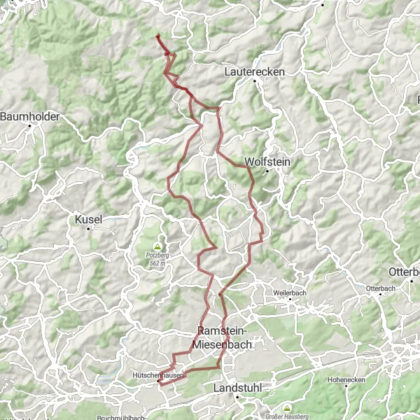 Map miniature of "Hütschenhausen Gravel Challenge" cycling inspiration in Rheinhessen-Pfalz, Germany. Generated by Tarmacs.app cycling route planner