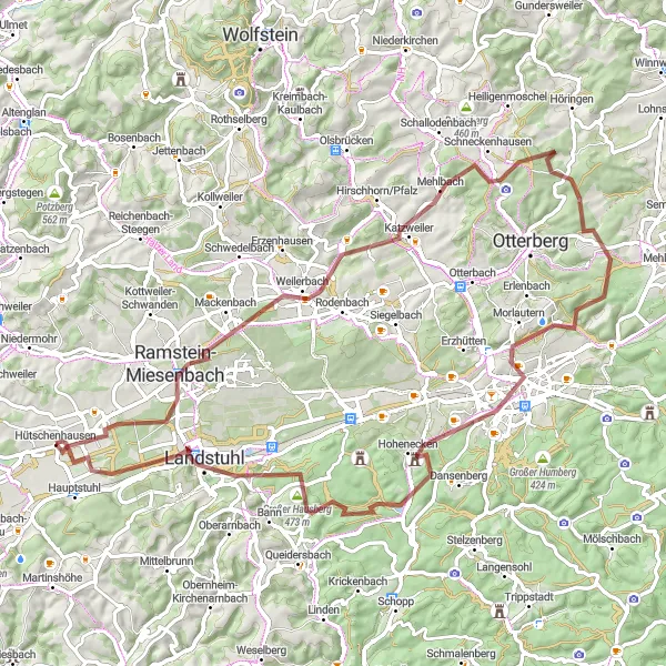 Map miniature of "Hütschenhausen Gravel Adventure II" cycling inspiration in Rheinhessen-Pfalz, Germany. Generated by Tarmacs.app cycling route planner