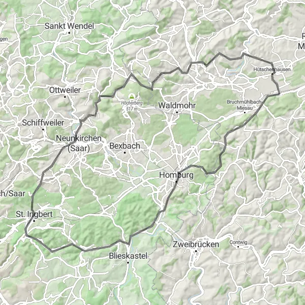 Map miniature of "Hütschenhausen Epic Road Cycling Route" cycling inspiration in Rheinhessen-Pfalz, Germany. Generated by Tarmacs.app cycling route planner
