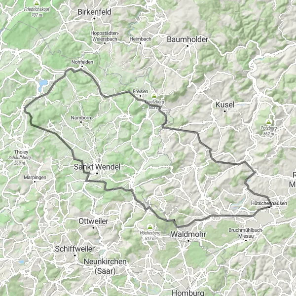 Map miniature of "Hütschenhausen to Wahnwegen" cycling inspiration in Rheinhessen-Pfalz, Germany. Generated by Tarmacs.app cycling route planner