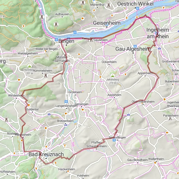 Karten-Miniaturansicht der Radinspiration "Rund um Ingelheim: Weinberge und Aussichtspunkte" in Rheinhessen-Pfalz, Germany. Erstellt vom Tarmacs.app-Routenplaner für Radtouren