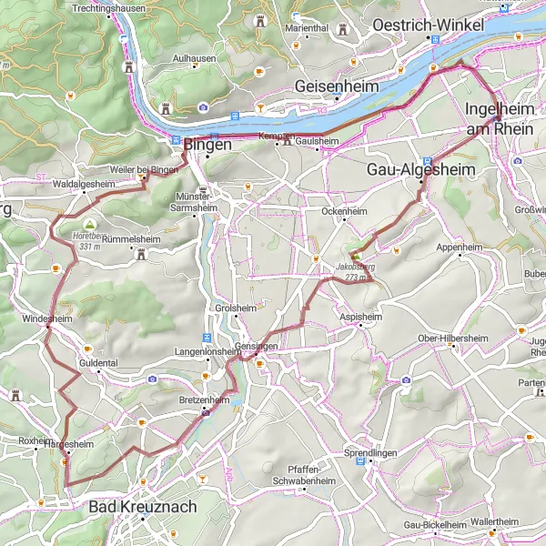 Map miniature of "Hidden Gems of Rheinhessen" cycling inspiration in Rheinhessen-Pfalz, Germany. Generated by Tarmacs.app cycling route planner