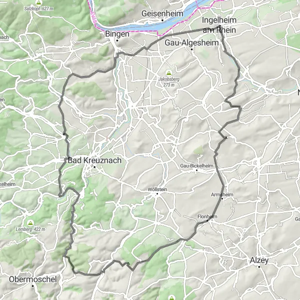 Map miniature of "The Scenic Hills of Rheinhessen" cycling inspiration in Rheinhessen-Pfalz, Germany. Generated by Tarmacs.app cycling route planner