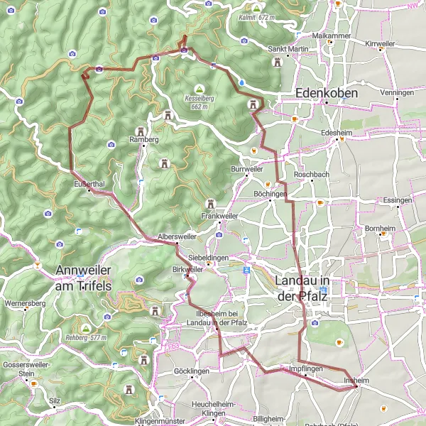 Map miniature of "Gravel ride from Insheim to Kleine Kalmit and back" cycling inspiration in Rheinhessen-Pfalz, Germany. Generated by Tarmacs.app cycling route planner