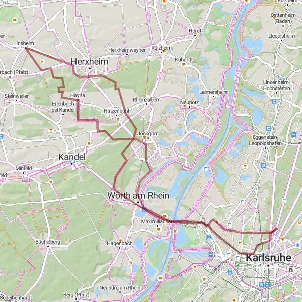 Map miniature of "Scenic gravel ride from Insheim to Herxheim" cycling inspiration in Rheinhessen-Pfalz, Germany. Generated by Tarmacs.app cycling route planner