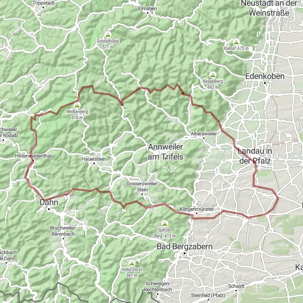 Map miniature of "Challenging gravel ride from Insheim to Impflingen" cycling inspiration in Rheinhessen-Pfalz, Germany. Generated by Tarmacs.app cycling route planner