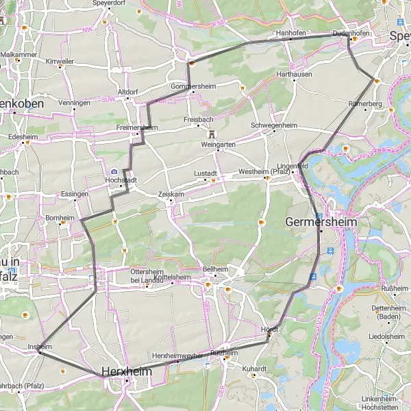 Map miniature of "Insheim Loop" cycling inspiration in Rheinhessen-Pfalz, Germany. Generated by Tarmacs.app cycling route planner