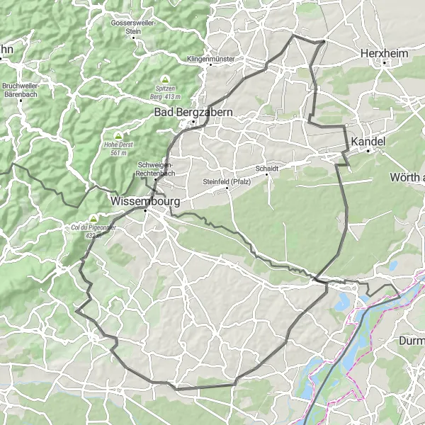 Map miniature of "Picturesque road loop from Insheim to Wissembourg" cycling inspiration in Rheinhessen-Pfalz, Germany. Generated by Tarmacs.app cycling route planner