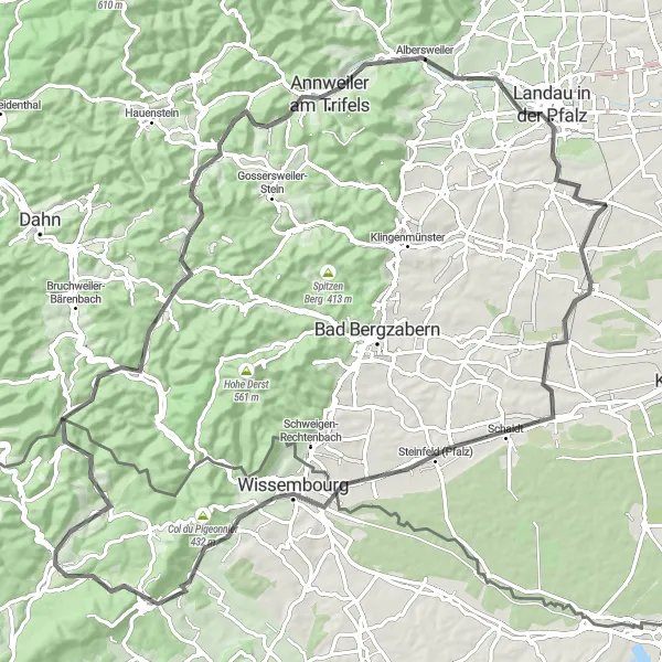 Karten-Miniaturansicht der Radinspiration "Bienwald und Pfälzer Berge Erkundung" in Rheinhessen-Pfalz, Germany. Erstellt vom Tarmacs.app-Routenplaner für Radtouren
