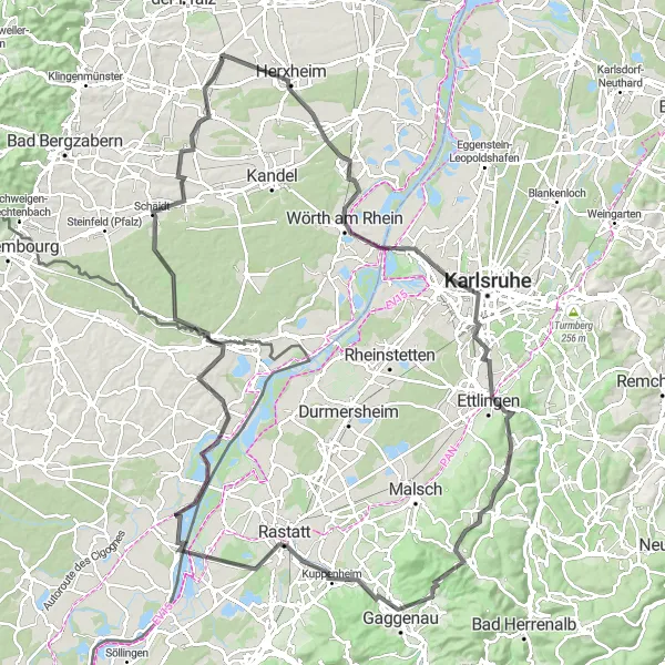 Map miniature of "Scenic road cycling loop from Insheim to Rastatt and back" cycling inspiration in Rheinhessen-Pfalz, Germany. Generated by Tarmacs.app cycling route planner
