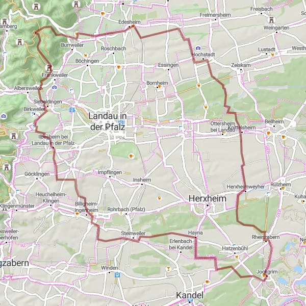 Map miniature of "Rheinhessen-Pfalz Gravel Route" cycling inspiration in Rheinhessen-Pfalz, Germany. Generated by Tarmacs.app cycling route planner