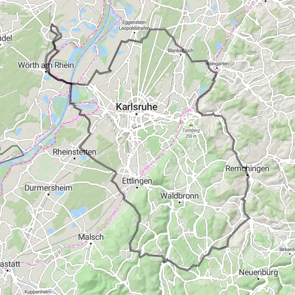Map miniature of "Discovering the Rhine Valley" cycling inspiration in Rheinhessen-Pfalz, Germany. Generated by Tarmacs.app cycling route planner