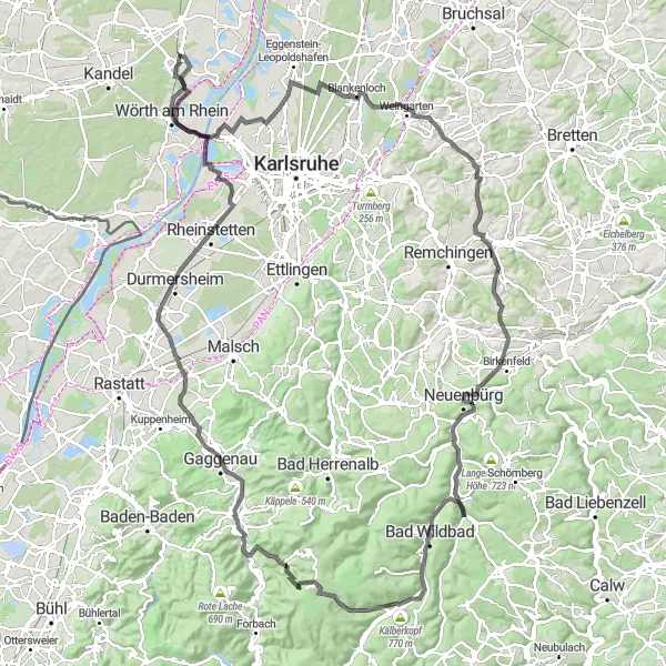 Map miniature of "The Rheinhessen-Pfalz Adventure" cycling inspiration in Rheinhessen-Pfalz, Germany. Generated by Tarmacs.app cycling route planner