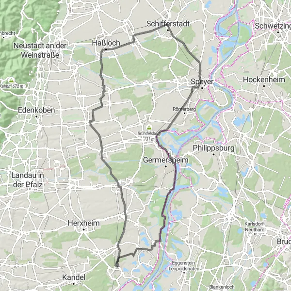 Map miniature of "Road Cycling Adventure through Speyer and Rheinbalkon" cycling inspiration in Rheinhessen-Pfalz, Germany. Generated by Tarmacs.app cycling route planner