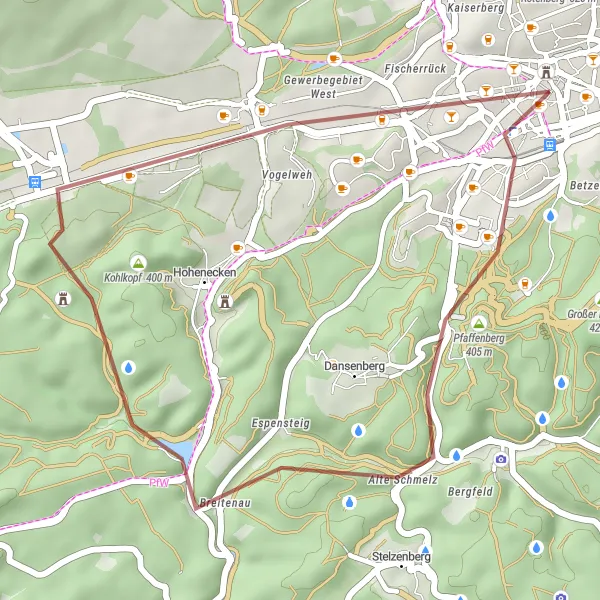 Map miniature of "The Gravel Exploration" cycling inspiration in Rheinhessen-Pfalz, Germany. Generated by Tarmacs.app cycling route planner