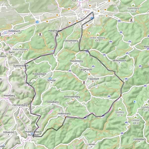 Map miniature of "Mountainous Adventure" cycling inspiration in Rheinhessen-Pfalz, Germany. Generated by Tarmacs.app cycling route planner