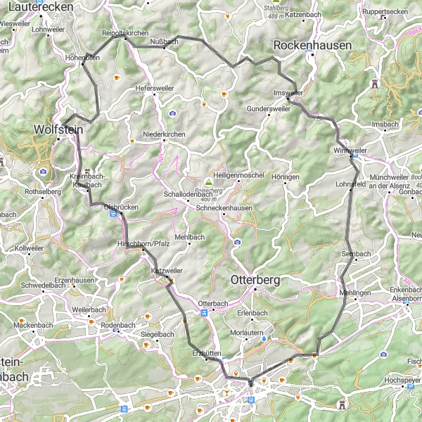 Map miniature of "The Countryside Escape" cycling inspiration in Rheinhessen-Pfalz, Germany. Generated by Tarmacs.app cycling route planner