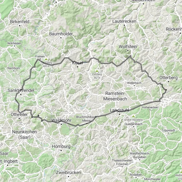 Map miniature of "The Tower Expedition" cycling inspiration in Rheinhessen-Pfalz, Germany. Generated by Tarmacs.app cycling route planner