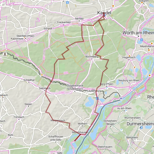 Map miniature of "Countryside Gravel Ride" cycling inspiration in Rheinhessen-Pfalz, Germany. Generated by Tarmacs.app cycling route planner