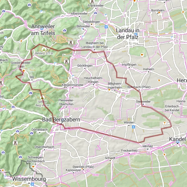 Map miniature of "Off-Road Adventure through Natural Wonders" cycling inspiration in Rheinhessen-Pfalz, Germany. Generated by Tarmacs.app cycling route planner