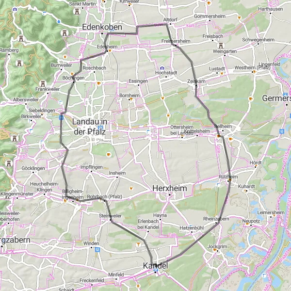 Map miniature of "Three Fortresses and a Tumulus" cycling inspiration in Rheinhessen-Pfalz, Germany. Generated by Tarmacs.app cycling route planner