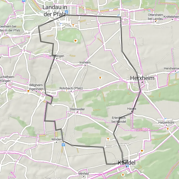 Map miniature of "Vineyards and Dreamy Landscapes" cycling inspiration in Rheinhessen-Pfalz, Germany. Generated by Tarmacs.app cycling route planner