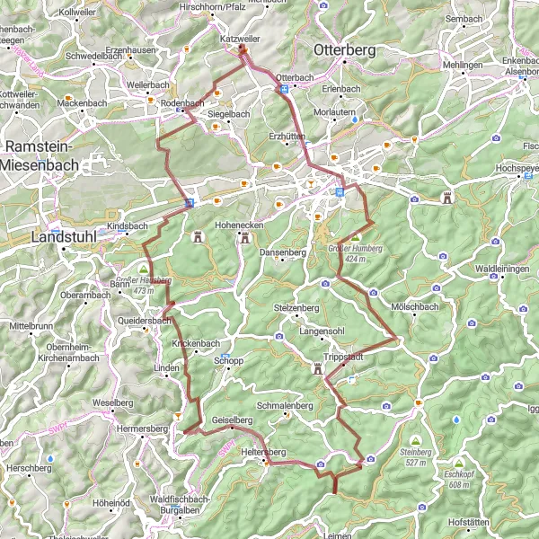 Map miniature of "Kaiserslautern and Trippstadt Gravel Route" cycling inspiration in Rheinhessen-Pfalz, Germany. Generated by Tarmacs.app cycling route planner