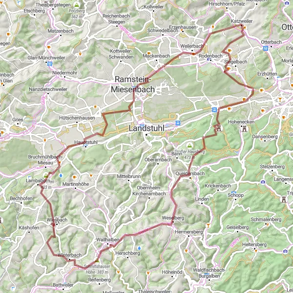 Map miniature of "The Gravel Adventure" cycling inspiration in Rheinhessen-Pfalz, Germany. Generated by Tarmacs.app cycling route planner