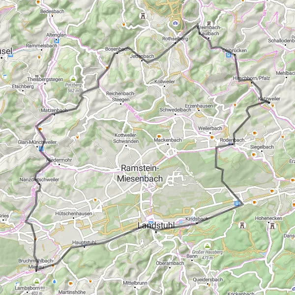 Karten-Miniaturansicht der Radinspiration "Panoramische Road-Tour um Katzweiler" in Rheinhessen-Pfalz, Germany. Erstellt vom Tarmacs.app-Routenplaner für Radtouren