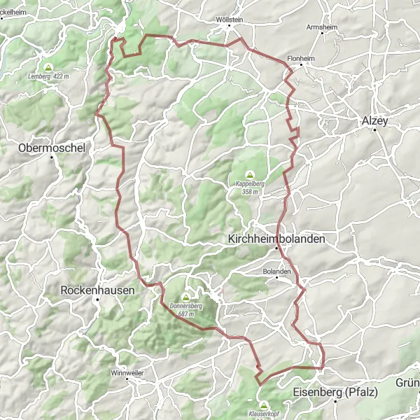 Map miniature of "Donnersberg Gravel Loop" cycling inspiration in Rheinhessen-Pfalz, Germany. Generated by Tarmacs.app cycling route planner