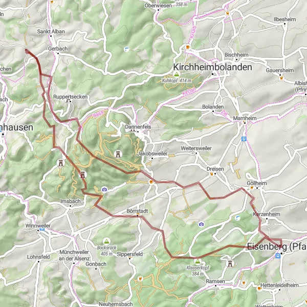Map miniature of "Kerzenheim - Klauserkopf Loop" cycling inspiration in Rheinhessen-Pfalz, Germany. Generated by Tarmacs.app cycling route planner