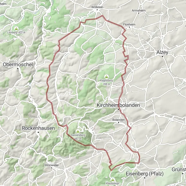 Map miniature of "Kerzenheim - Donnersberg Loop" cycling inspiration in Rheinhessen-Pfalz, Germany. Generated by Tarmacs.app cycling route planner