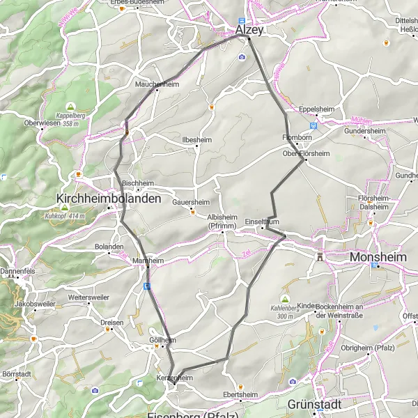 Map miniature of "Alzey Road Loop" cycling inspiration in Rheinhessen-Pfalz, Germany. Generated by Tarmacs.app cycling route planner