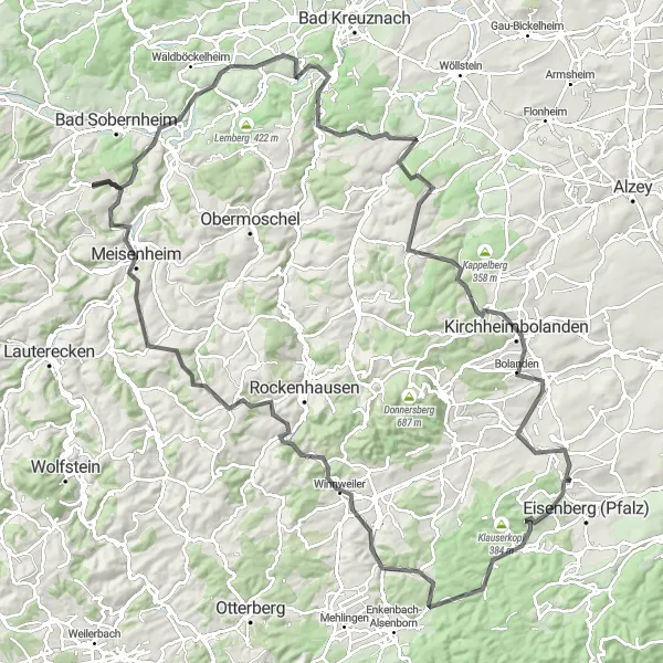 Map miniature of "Rheinhessen-Pfalz Cycling Adventure" cycling inspiration in Rheinhessen-Pfalz, Germany. Generated by Tarmacs.app cycling route planner
