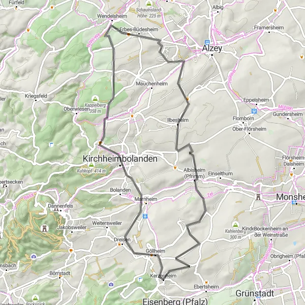 Map miniature of "Göllheim-Großkarlbach Loop" cycling inspiration in Rheinhessen-Pfalz, Germany. Generated by Tarmacs.app cycling route planner