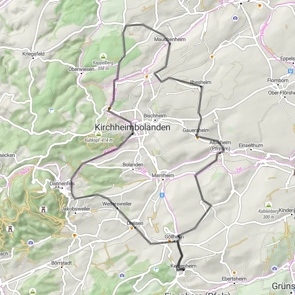 Map miniature of "Göllheim-Wartturm Loop" cycling inspiration in Rheinhessen-Pfalz, Germany. Generated by Tarmacs.app cycling route planner