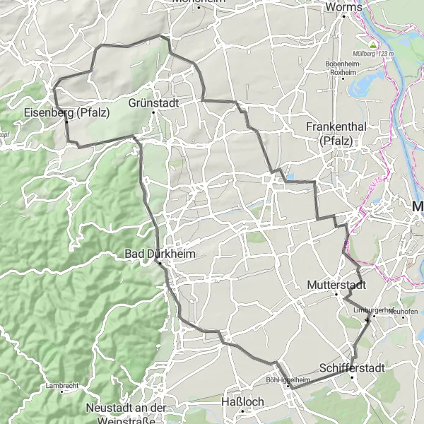 Map miniature of "Kerzenheim - Neuleiningen Loop" cycling inspiration in Rheinhessen-Pfalz, Germany. Generated by Tarmacs.app cycling route planner