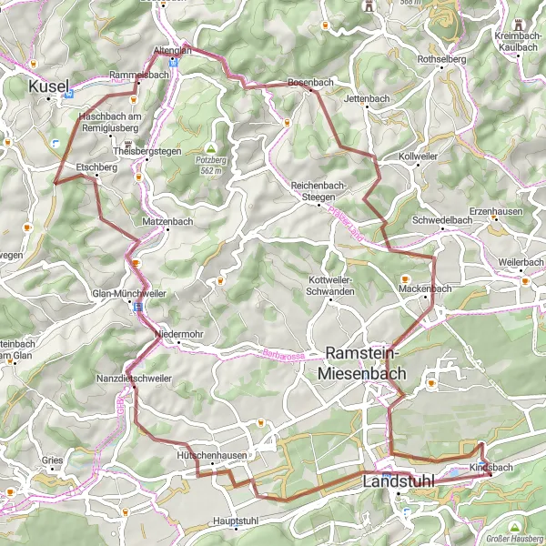 Map miniature of "Landstuhl Gravel Escape" cycling inspiration in Rheinhessen-Pfalz, Germany. Generated by Tarmacs.app cycling route planner