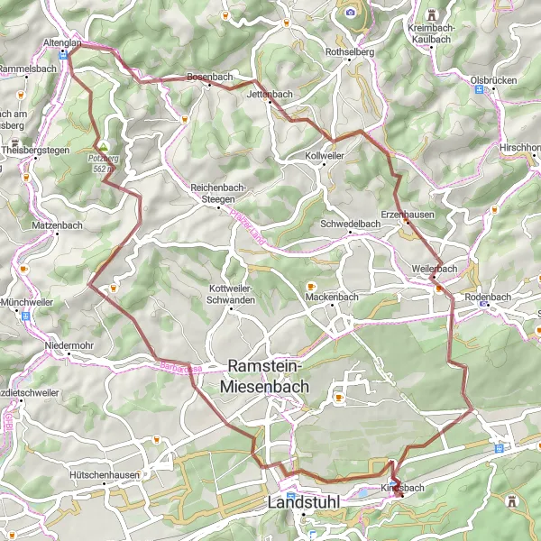 Map miniature of "Kindsbach Gravel Adventure" cycling inspiration in Rheinhessen-Pfalz, Germany. Generated by Tarmacs.app cycling route planner