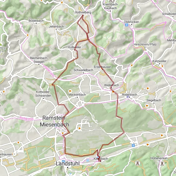 Map miniature of "Kindsberg Gravel Adventure" cycling inspiration in Rheinhessen-Pfalz, Germany. Generated by Tarmacs.app cycling route planner